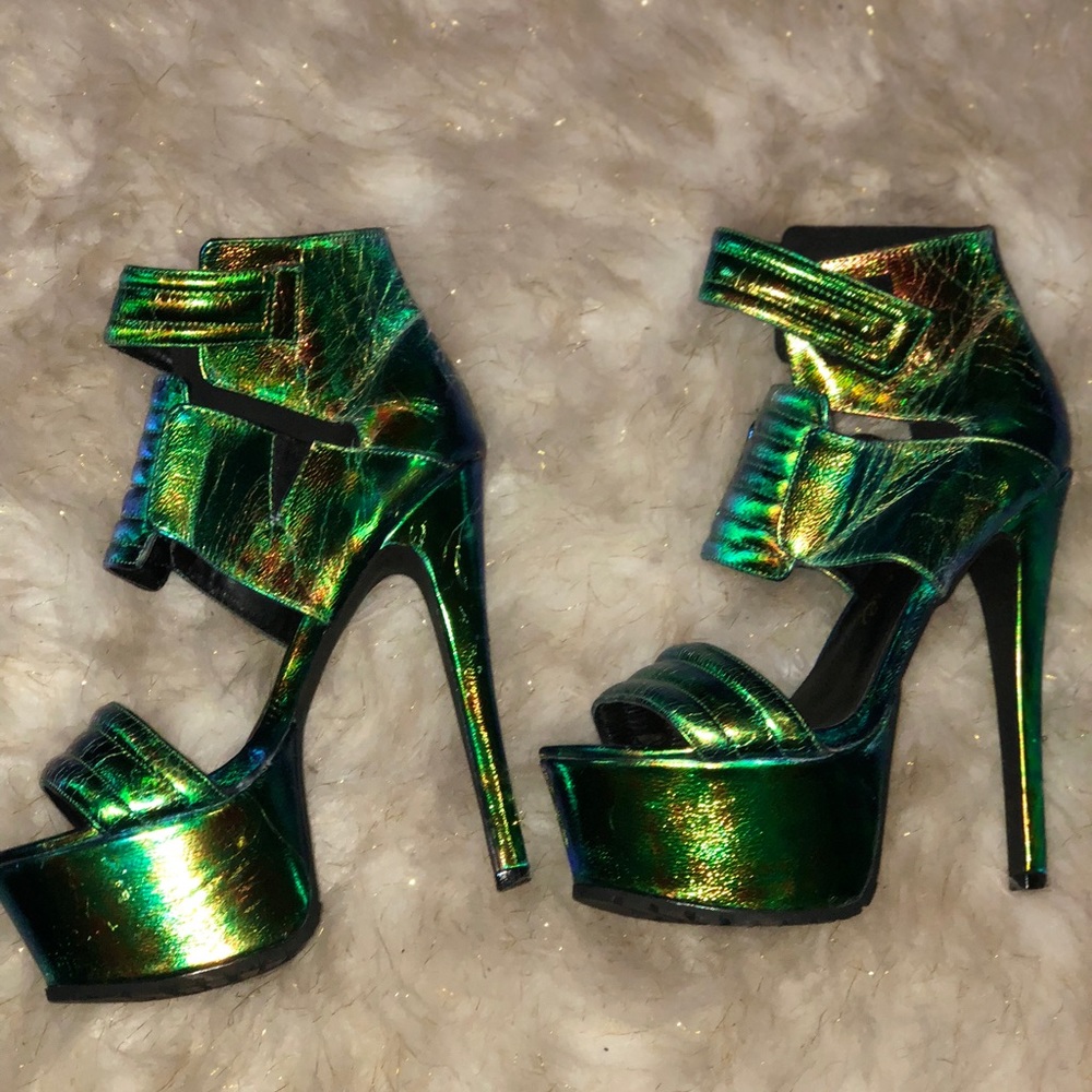 Green metallic heels